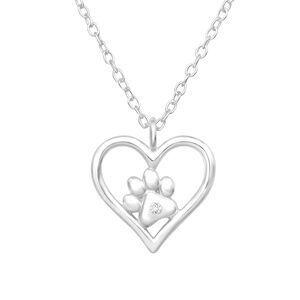 Sterling Silver Heart & Paw Print Necklace – CZ Accent Pet Lover Gift